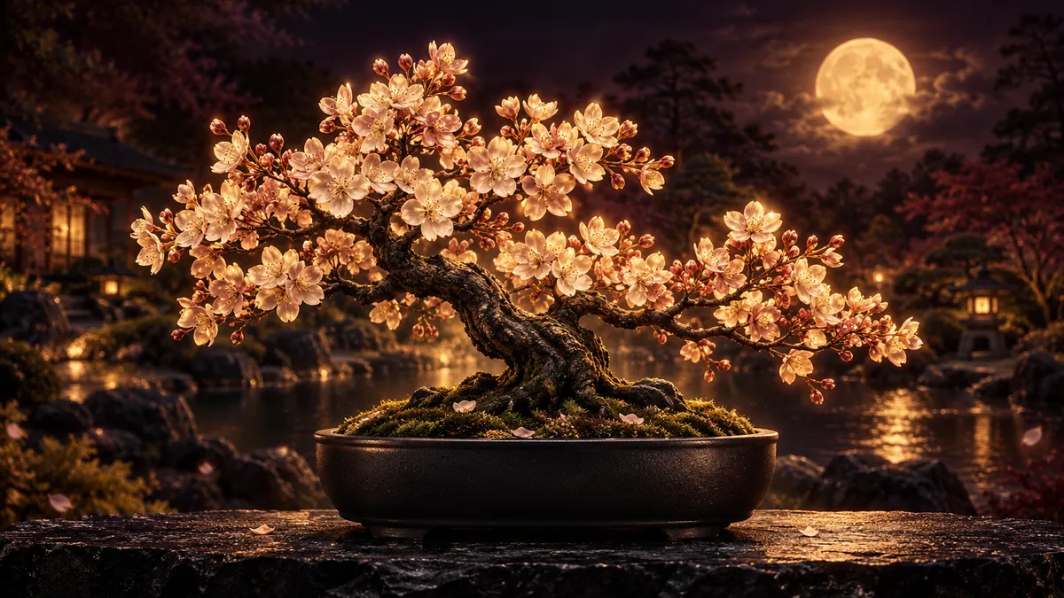 月夜日式庭園中的金色櫻花盆景,映著香檳金月光與深酒紅背景