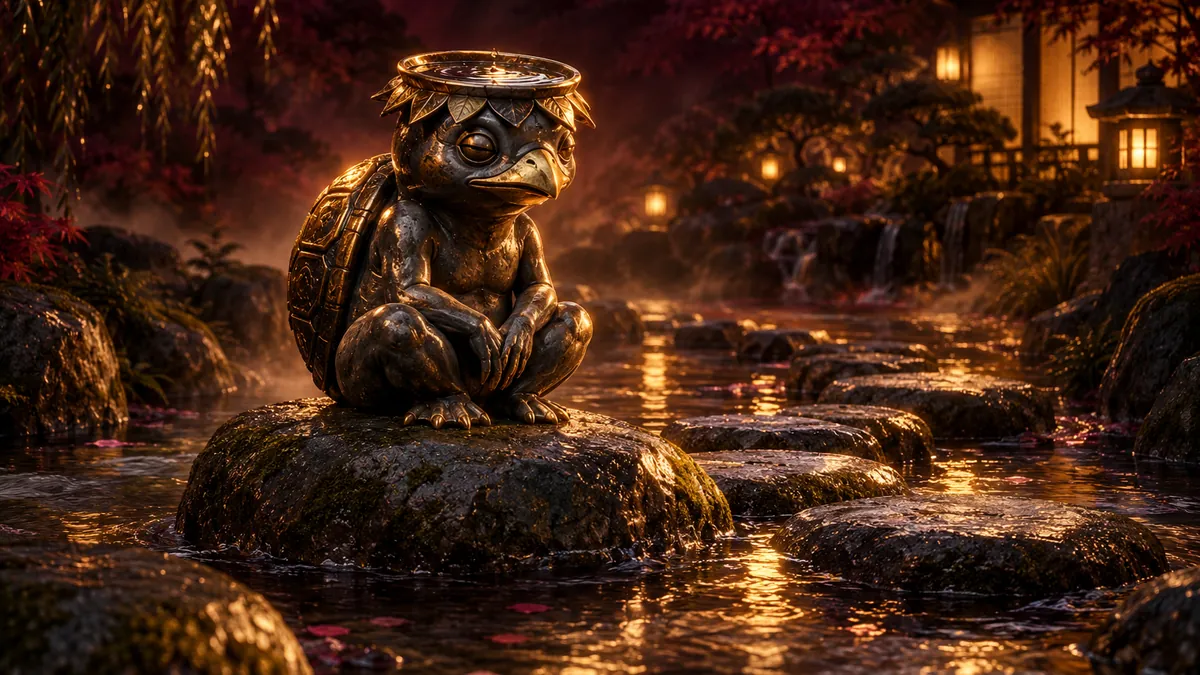 深酒紅夜色溪流中,原創黑金河童雕塑坐在青石上,身旁渡石映著金色水光