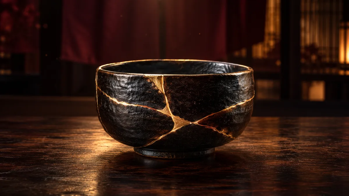 深酒紅茶室桌上黑陶茶碗以香檳金接縫修補,金色交叉紋路映著柔光