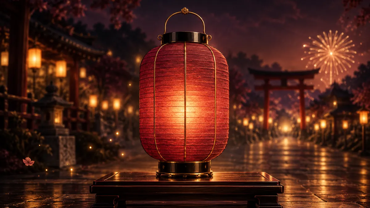 深酒紅祭典夜景中，一盞黑金提燈映著遠方香檳金花火