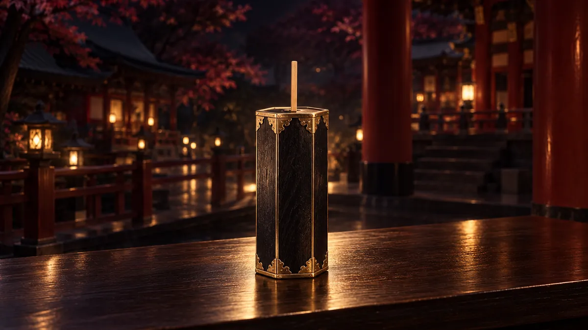深酒紅神社木檯上的黑金六角籤筒,無字竹籤映著香檳金光