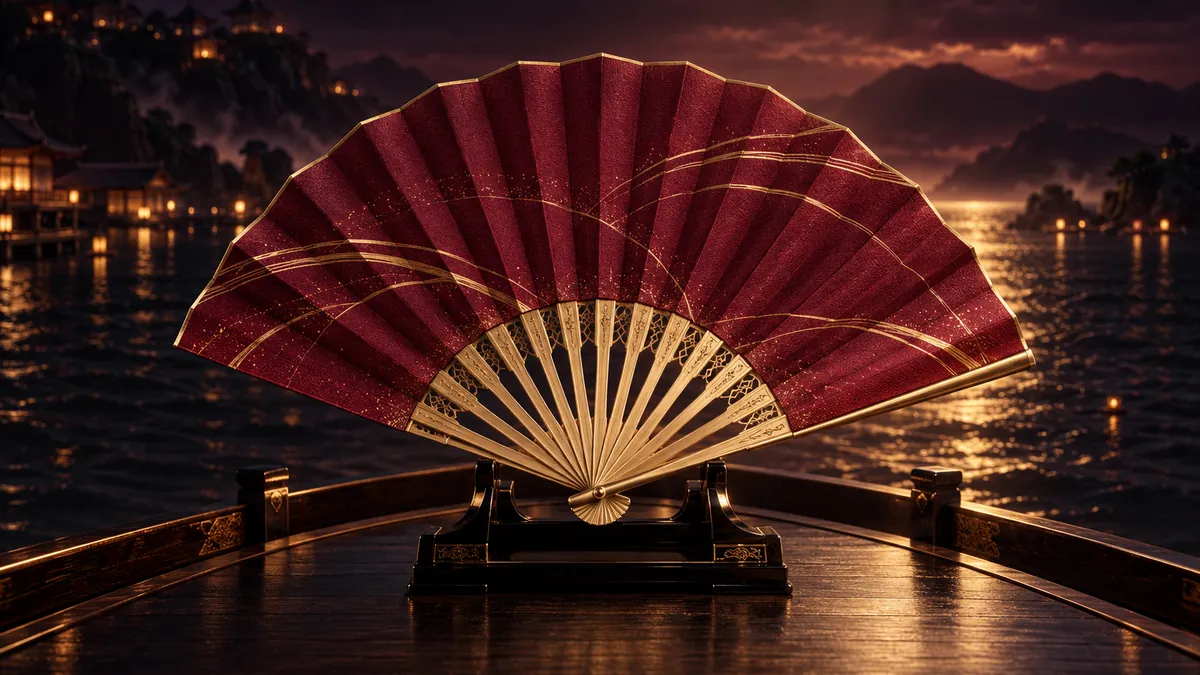 深酒紅海灣中,一把金色扇骨的摺扇在黑漆船頭展開,香檳金光照亮扇面