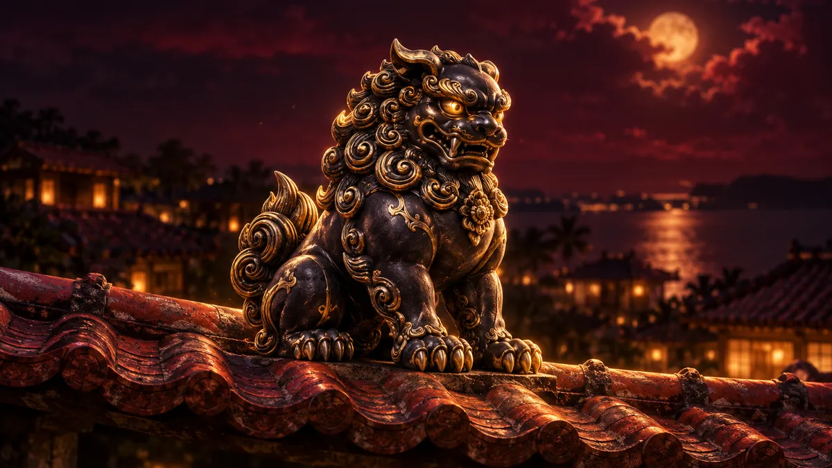 琉球紅瓦屋簷上的黑金風獅爺雕像,雙眼映出暖金光,背景為深酒紅夜色