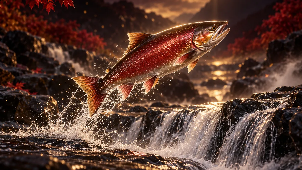 一尾深紅鮭魚躍過幽暗溪谷的低矮瀑布,金色輪廓光照亮魚身與水花