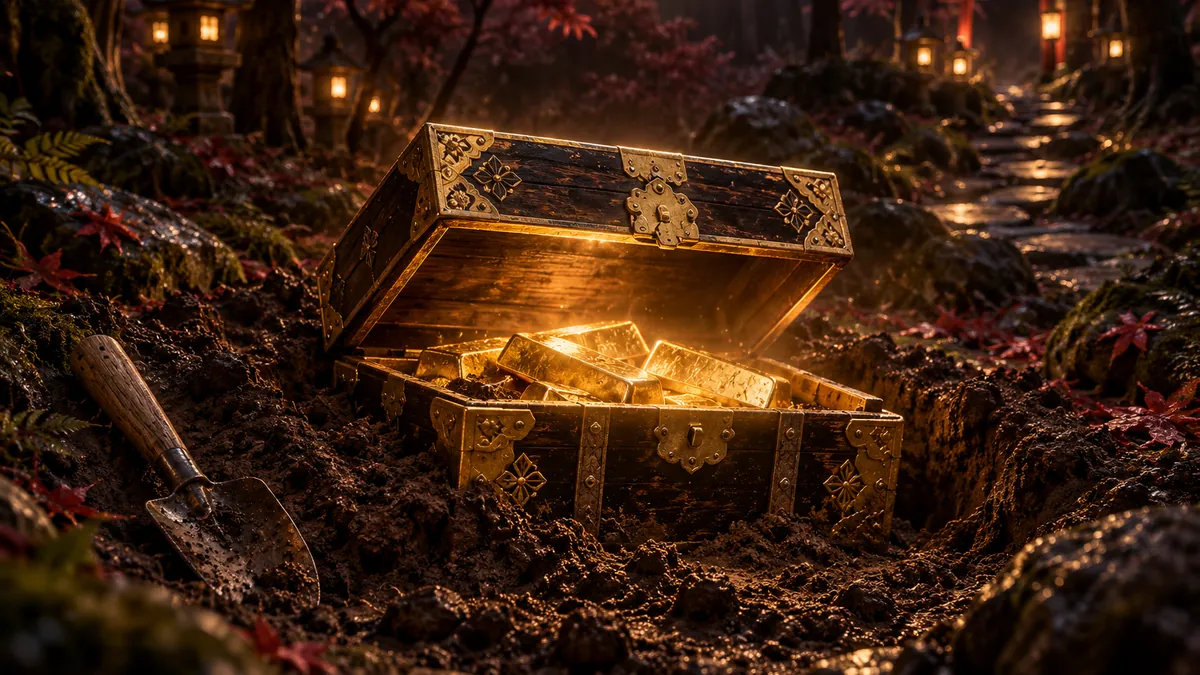 幽暗日式山林中半埋土裡的黑金寶箱,金色光線照亮箱內金塊與蜿蜒石徑