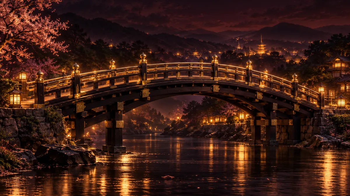 深酒紅夜色中,一座黑金日式木橋橫跨平靜河面,遠處山影與金色燈光映照橋身