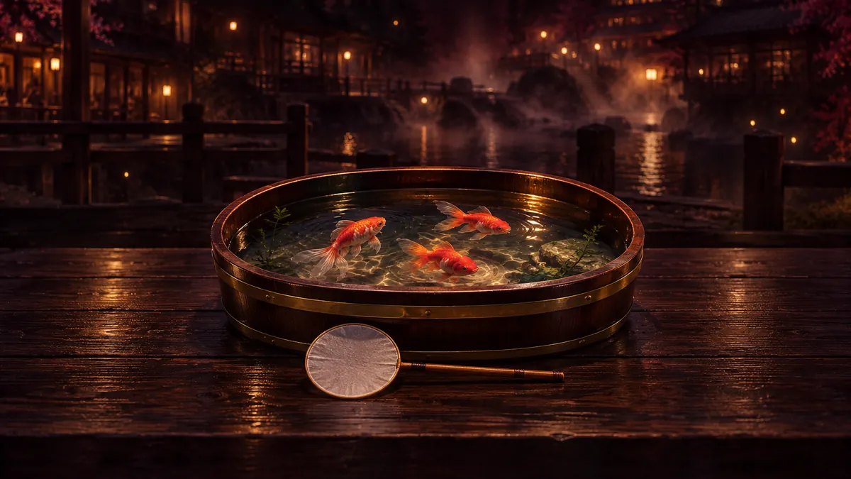 溫泉街暖金燈光下的深色木盆,三尾金魚與圓形紙網呈現夜間攤位氣氛