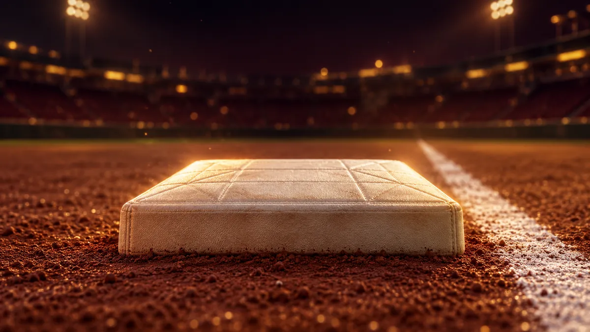 黑金夜間球場紅土上的象牙白一壘壘包，香檳金光線照亮壘線與深酒紅背景