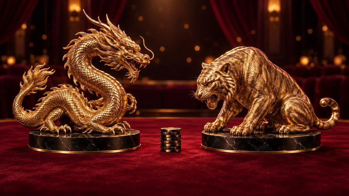 深色貴賓廳裡,一尊香檳金龍雕塑與一尊香檳金虎雕塑隔著酒紅絨布桌面相對,中間擺著幾疊黑金籌碼