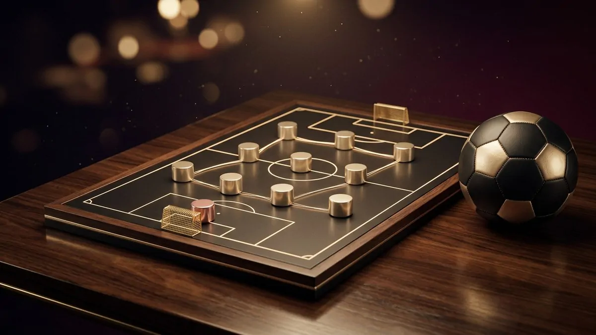 深色胡桃木足球戰術沙盤上排列 4-3-3 香檳金戰術棋子與一顆黑金皮革足球