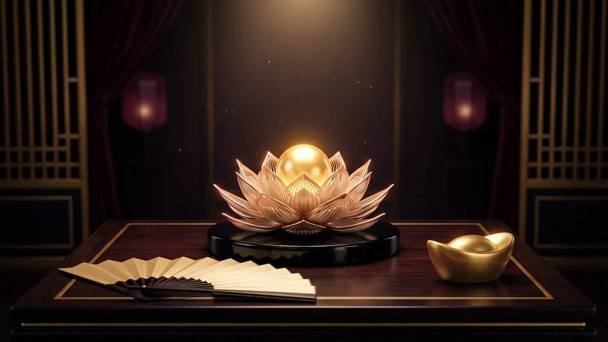 中式貴賓閣樓的黑金案几上,盛開的香檳金蓮花雕塑托著發光寶珠,旁有折扇與金元寶