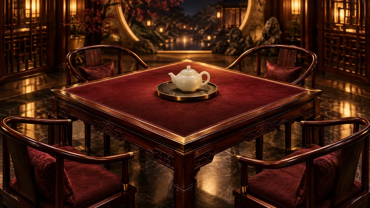 黑金中式茶室中央的紅木方桌與素面白玉茶壺,香檳金光映出沉靜的棋牌聚會氛圍