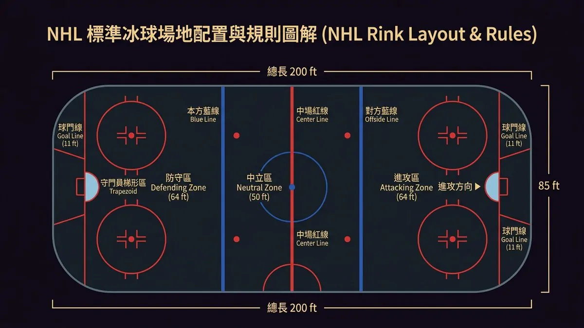 NHL 標準冰球場地配置與規則圖解:200 英尺標準冰場、球門線、本方藍線、中場紅線、對方藍線、爭球圈與守門員梯形區