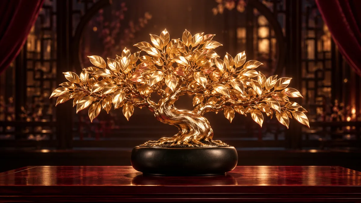 香檳金招財樹雕塑立於黑色矮盆,金色葉片映著深酒紅中式廳堂與柔和頂光