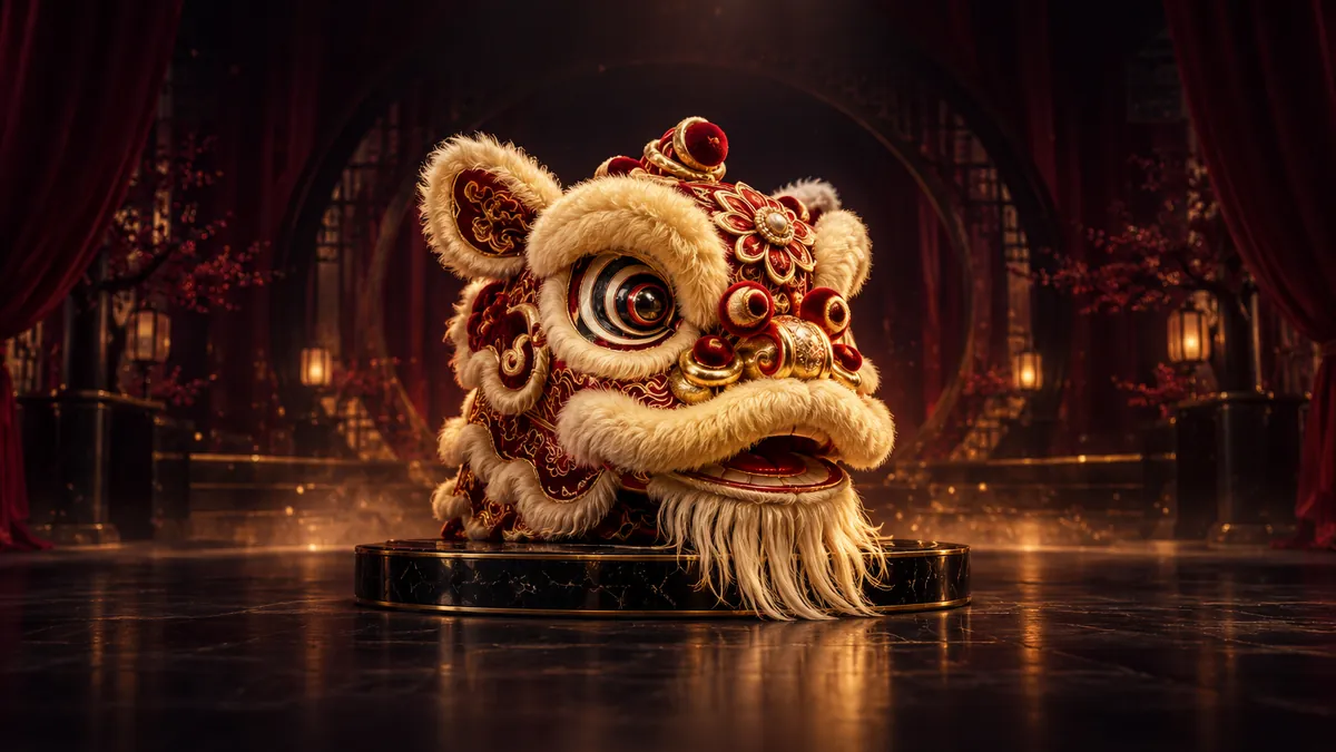 深酒紅舞台中央陳列香檳金舞獅獅頭,捲曲金色絨毛映著柔和聚光