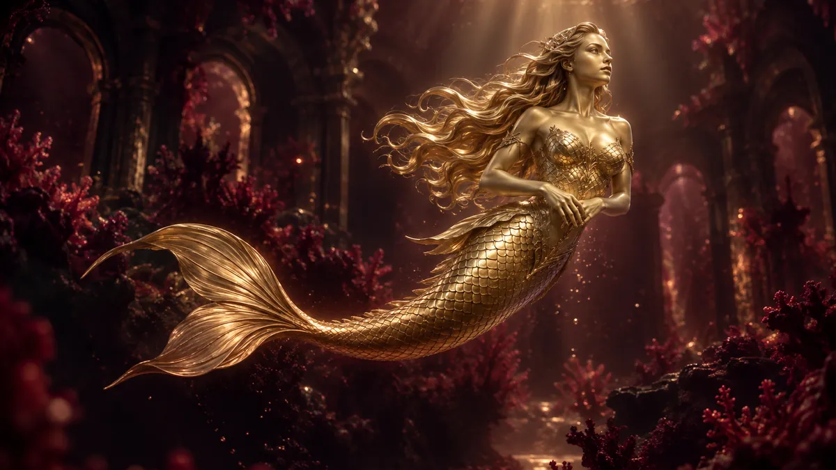 幽暗海底宮殿中,一尊香檳金美人魚雕塑舒展魚尾,映著柔和金色光束