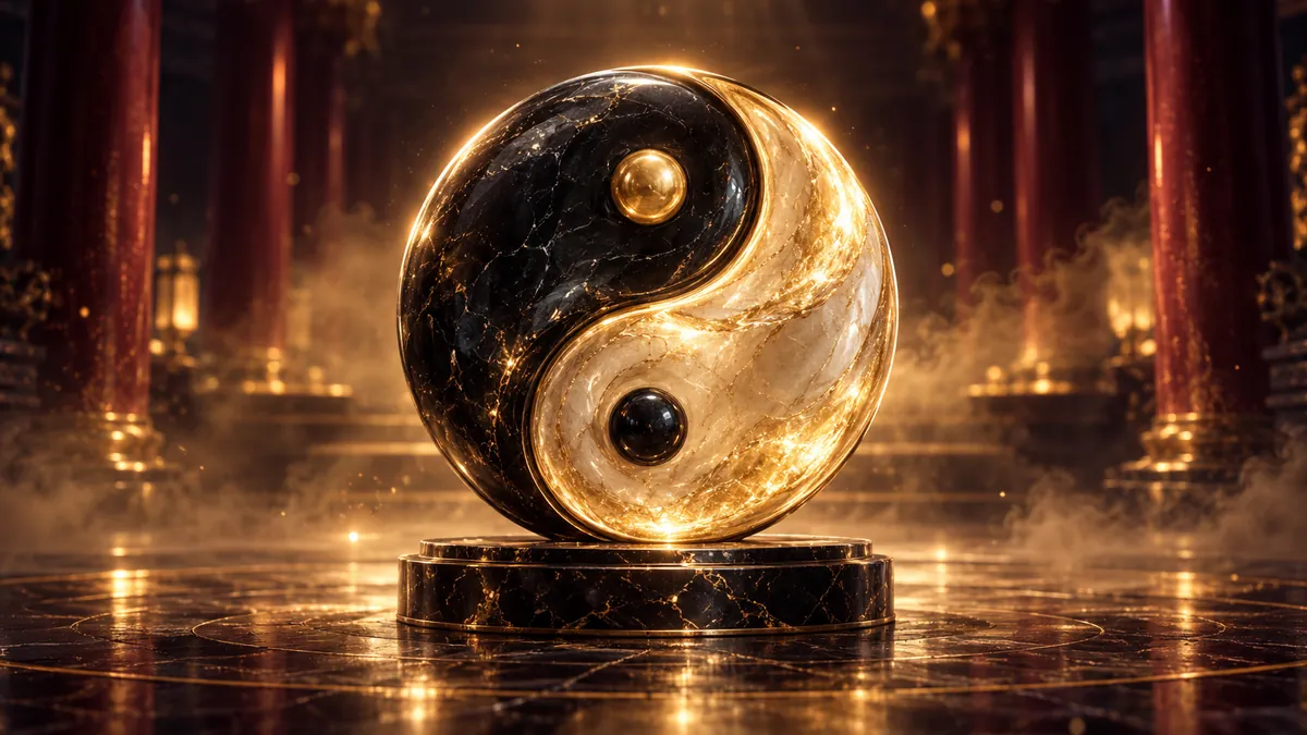 深酒紅中式殿堂中央，一座黑玉與香檳金相嵌的太極圓雕映著金色輪廓光