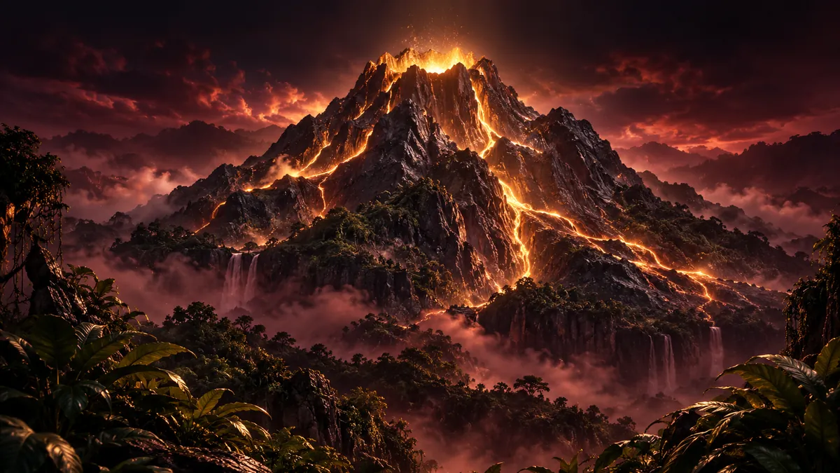 深酒紅夜霧中的叢林火山映出香檳金熔岩光,兩側藤蔓襯托中央山體