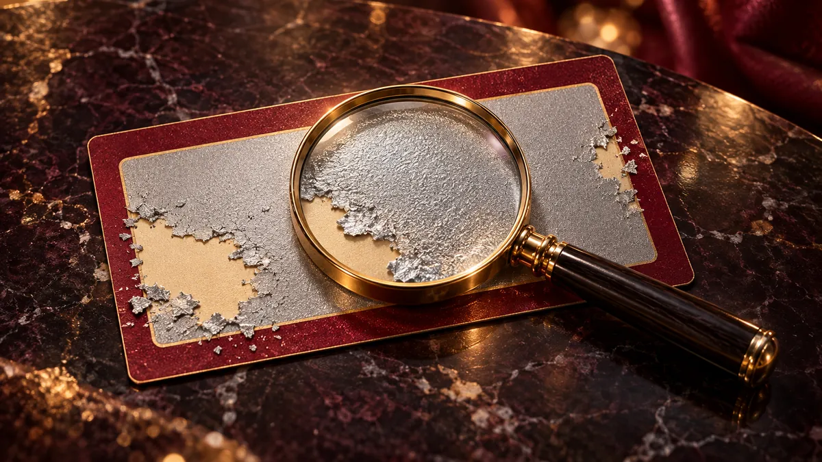 金色放大鏡檢視酒紅刮獎券的銀色塗層,黑金桌面呈現核對彩券資訊意象