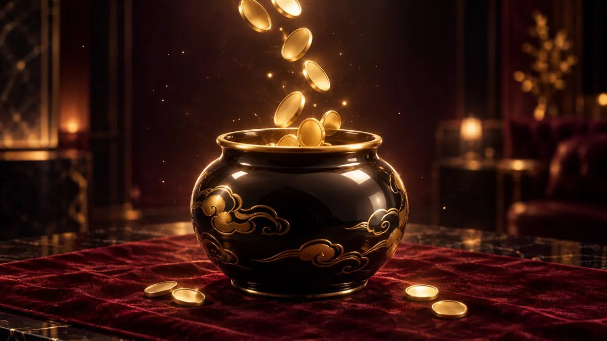 深酒紅桌面上一座金色小天平,一端放著疊起的金幣,背景是柔和的金色光暈