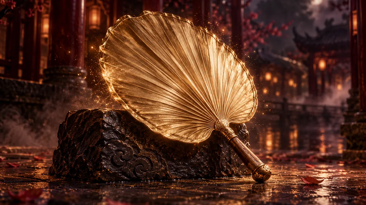 香檳金蒲扇斜靠深色石座,酒紅中式廊亭背景襯出細緻扇脈與金色光塵