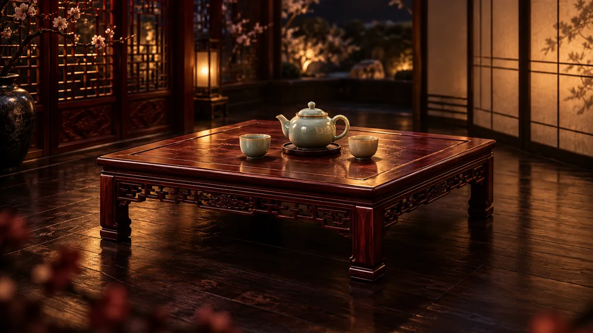 黑金茶室中央擺著紅木方桌與青瓷茶具,兩側木格窗與日式屏風映著暖金光